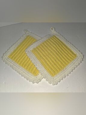 Lot of 2 Vintage Crocheted Potholders / Trivets Yellow & White Beautiful